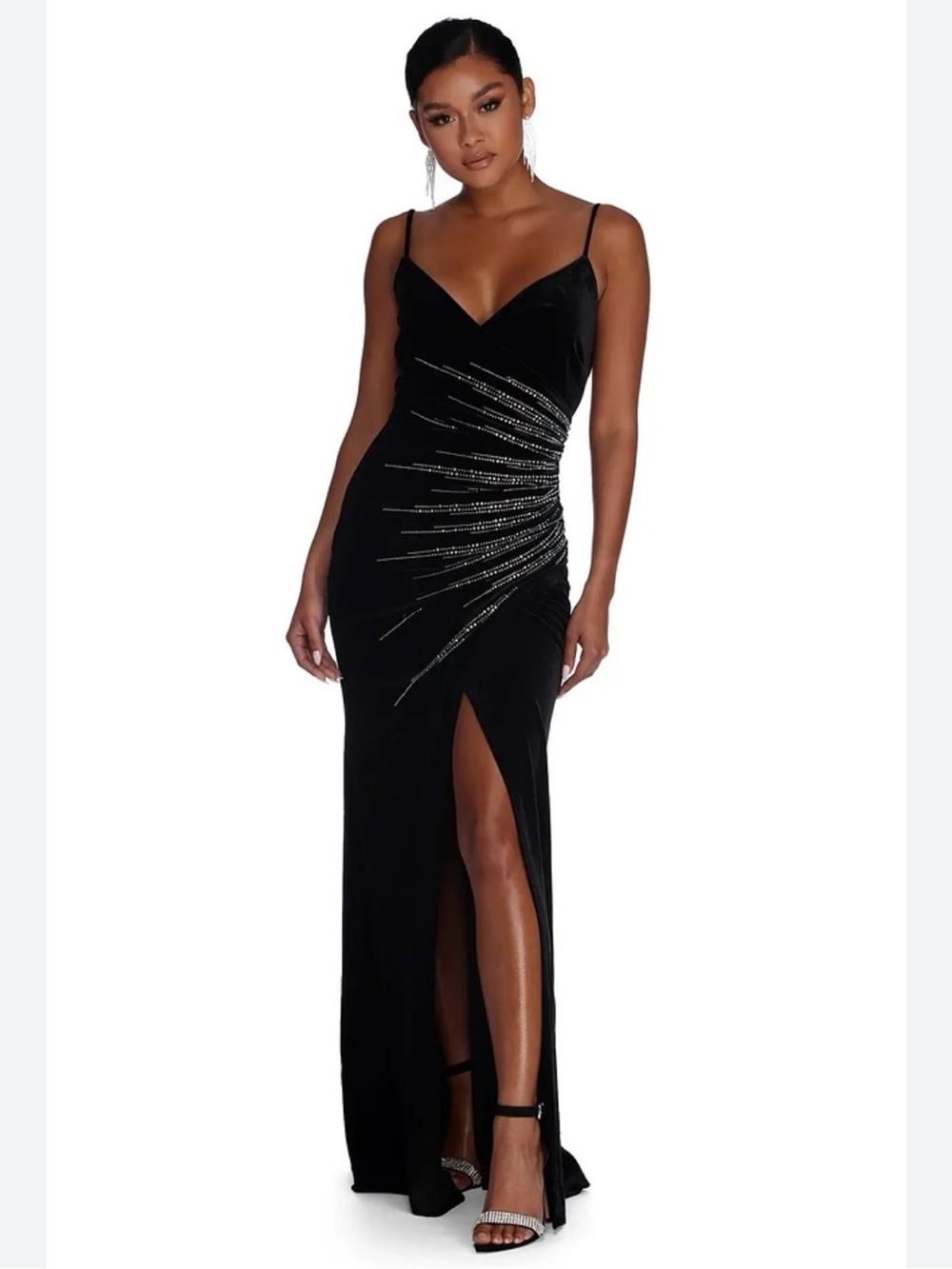 Windsor Black Beaded Slit Spaghetti Strap Gown